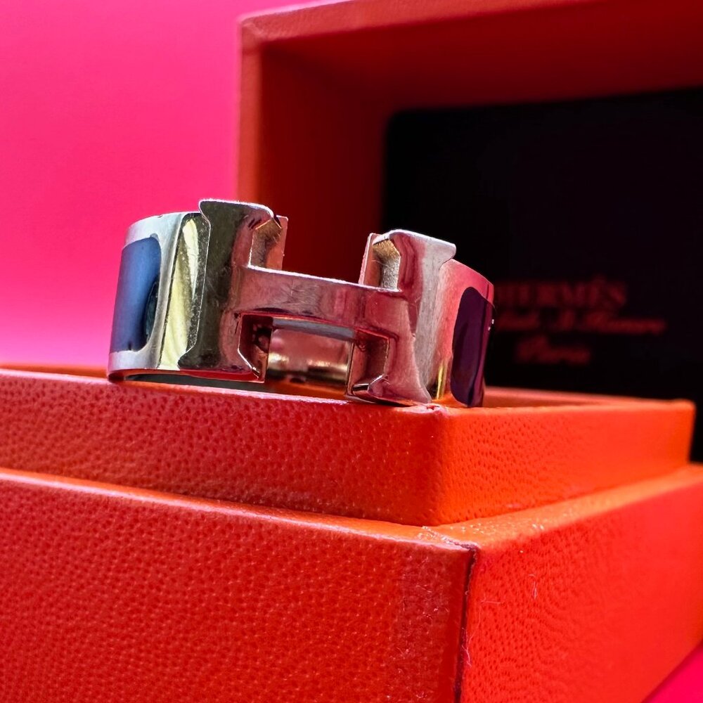 Hermes Black Enamel Gold Tone Clic Clac H Band Ring Size 8 1/4 - Picture 3 of 13